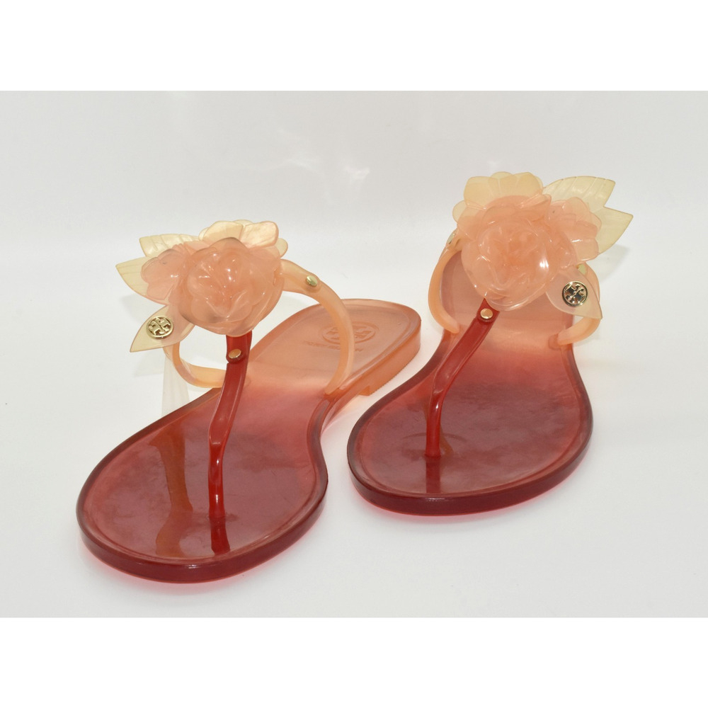 A8 Auth TORY BURCH Thong Strap Floral Embellishments Orange Jelly Sandals Sz 8M - Picture 2 of 5
